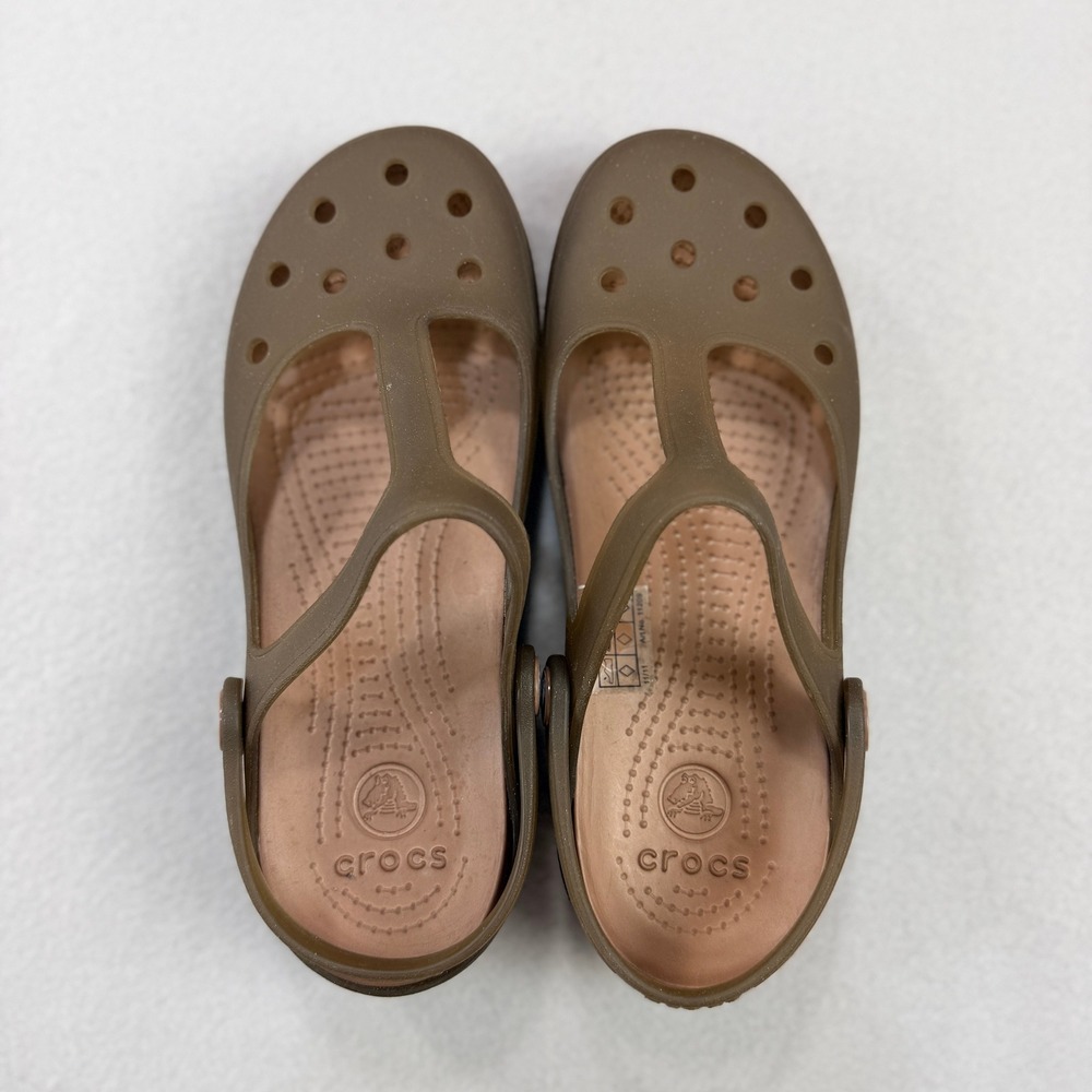 Crocs Shayna Mary Jane T-Strap Translucent Brown Espresso Clogs Shoe Womens Sz 6